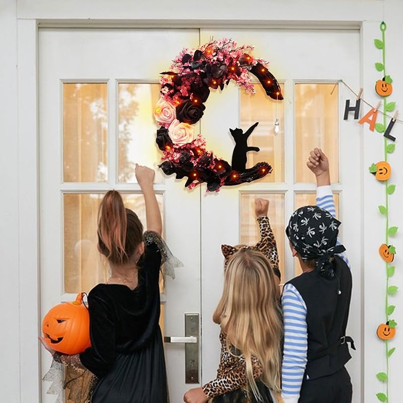 Halloween Wreaths for Front Door with Lights, Black Cat on Moon Garland with Rose Wreath Decor, Halloween Decorations Crescent Moon Wreath for Home Party Window Wall Indoor Outdoor (pink moon cat)-Ruum Studio Home