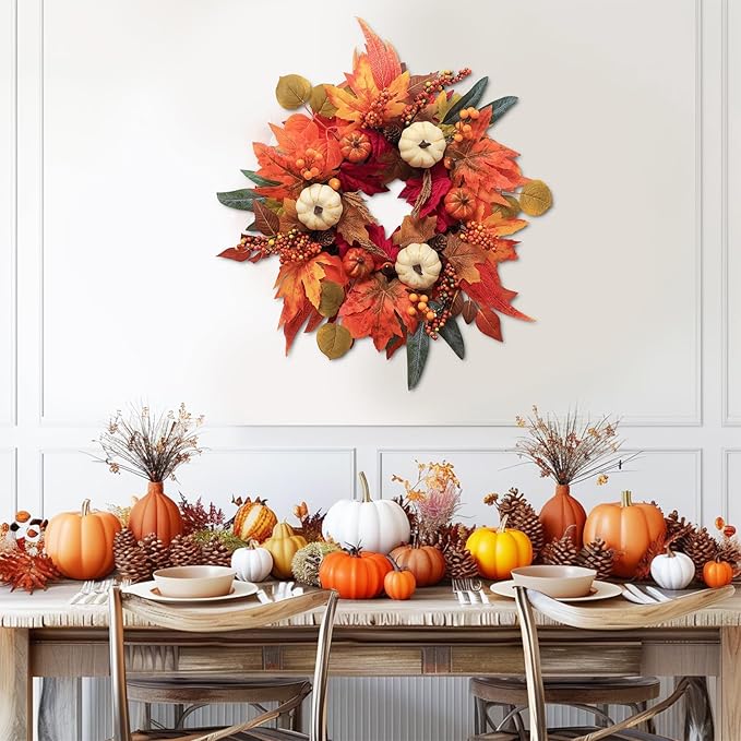 Fall Wreaths for Front Door, DECSPAS 21" Fall Wreath with Maple Leaves Pumpkin Berries, Autumn Decorations for Home, Artificial Harvest Door Wreath Outside, Window, Wall, Fireplace, Thanksgiving Decor-Ruum Studio Home