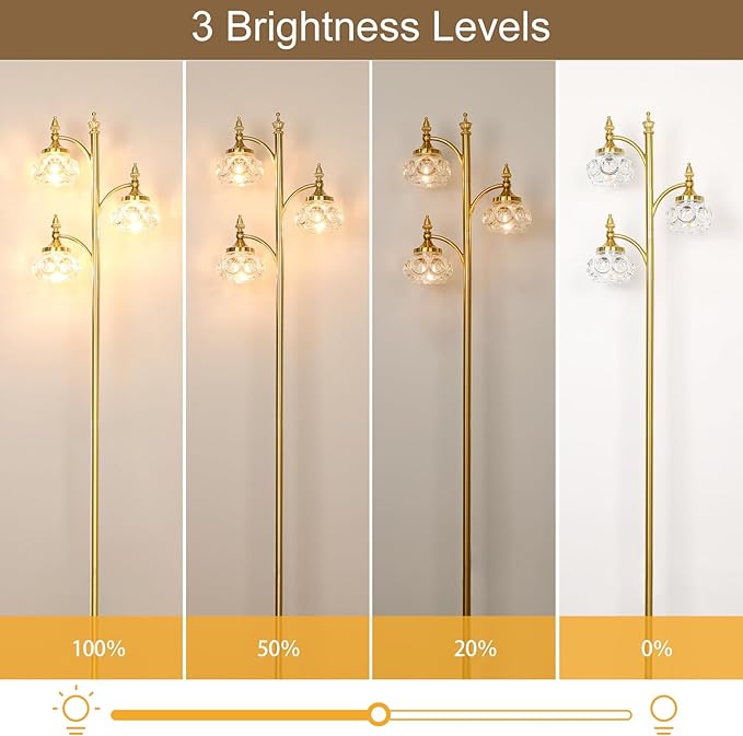 Gold Floor Lamp, Dimmable Tree Floor Lamps for Living Room Brass Tall Standing Lamp with 3 Rotatable Lights Glass Shade 66.5'' Modern Corner Lamp for Bedroom Office(3LED Bulbs Included)-Ruum Studio Home