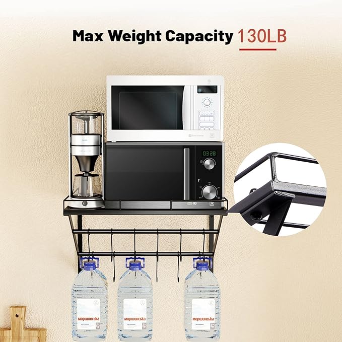 OROPY 31 Inch Wall Mounted Pot Rack Storage Shelf with 2 Tier Hanging Rails 14 S Hooks included, Ideal for Pans, Utensils, Cookware - Black-Ruum Studio Home