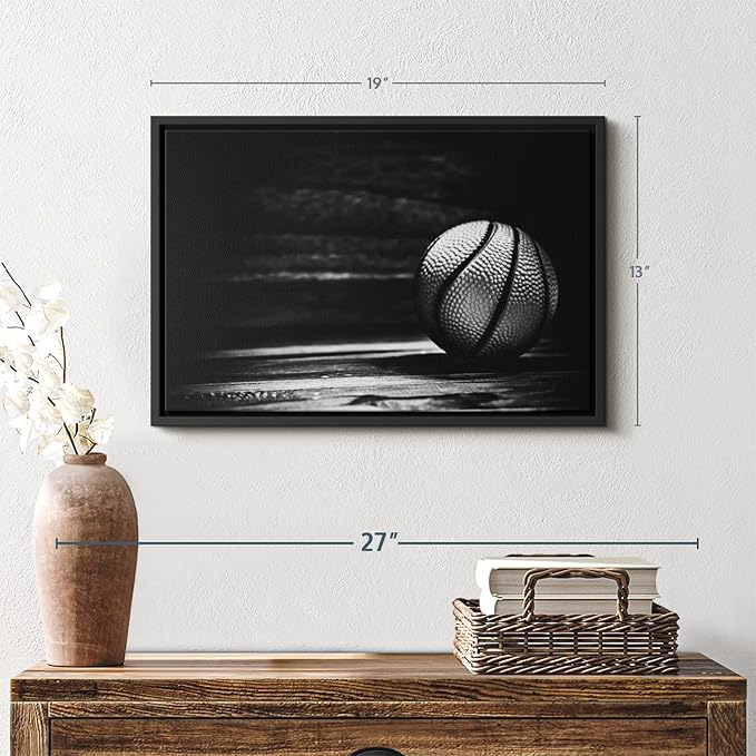 ElephantStock Basketball Wall Art - Horizontal Framed Canvas - 1-Piece Hallway Wall Decor - Photography sports Canvas Print - Black and Gray Decor for Wall - 19" X 13"-Ruum Studio Home