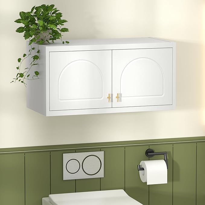 Wall Cabinet with Doors, Small Hanging Cabinet for Kitchen Pantry, Metal Overhead Cabinets for Dining, Living Room, Bathroom, 16" D x 32" W x 15" H, White, Assembly Required-Ruum Studio Home
