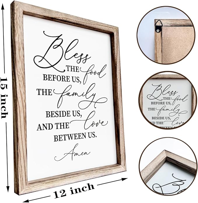 Christian Wooden Wall Sign, Dining Room Decors, Farmhouse Decor for Kitchen, Rustic Home Decor, Framed Wall Plaque Sign 15 * 11.5 inches, Bless the Food Before Us-Ruum Studio Home