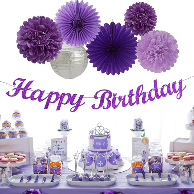 Purple Silver Birthday Party-Decorations Paper-Flowers - 14pcs Happy Banner Lavender Lanterns Tissue Pom Poms,Lilac Streamers Garland Fans,Women Girls Adult Kids Office Hanging Supplies Decor Hugfond-Ruum Studio Home