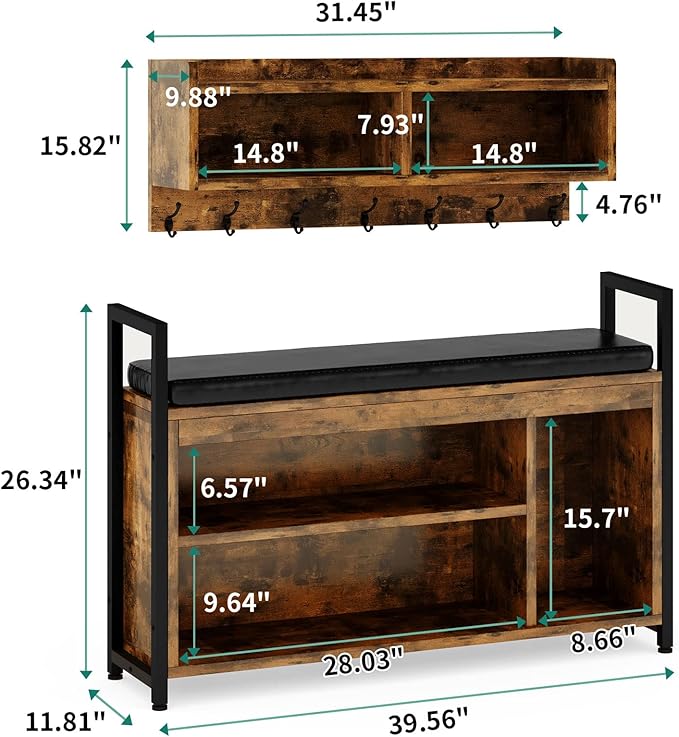YITAHOME Coat Rack Shoe Bench Set, Wall Coat Rack with Shoe Storage, Industrial Entryway Shoe Bench with Coat Rack, 2 Storage Cubbies with Lip Top for Entryway, Hallway, Rustic Brown-Ruum Studio Home