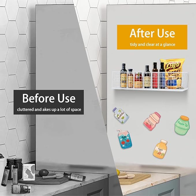 Magnetic Storage Basket, Magnetic Shelf for Fridge,Magnetic Spice Rack Wire Mesh Magnetic Organizer Holder Accessories for Office Kitchen Classroom Storage, White, 13.77" x 5.11" x3.26"-Ruum Studio Home