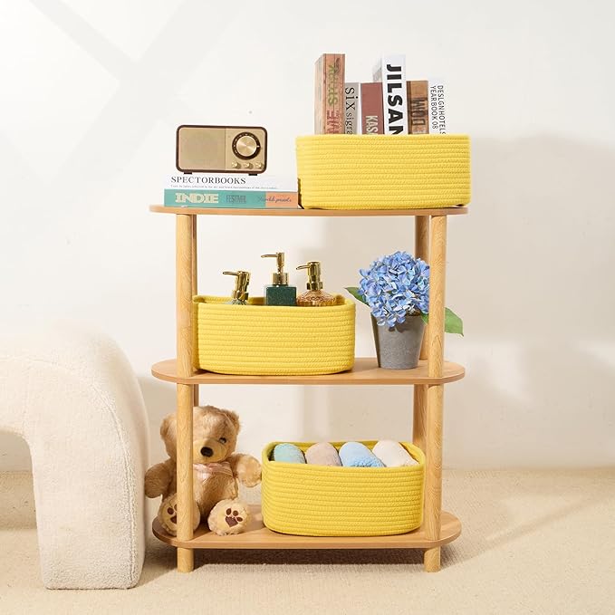 Small Storage Baskets for Organizing | Closet Organizer Bins | Shelf Toy Basket | Woven Rope Baskets | Cube Decorative Box | Shallow Basket | 13x8.5x5.1” | 3 Packs Yellow-Ruum Studio Home