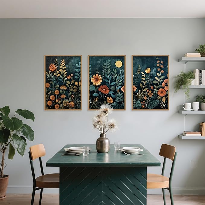 Celestdeco Vintage Dark Botanical Framed Canvas Wall Art Set, Colorful Floral Wall Decor, Nature Wildflower Wall Painting, Colorful Blossom Art Prints for Living Room, Bedroom, Office - 24"X36"X3-Ruum Studio Home