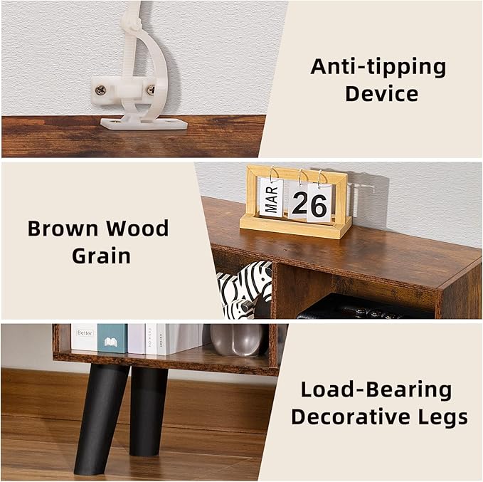 LEYAOYAO 8 Cube Bookshelf,3 Tier Bookcase with Legs,Rustic Brown Mid-Century Modern Bookshelves,Large Open Storage Organizer Shelf, Wooden Book Case-Ruum Studio Home
