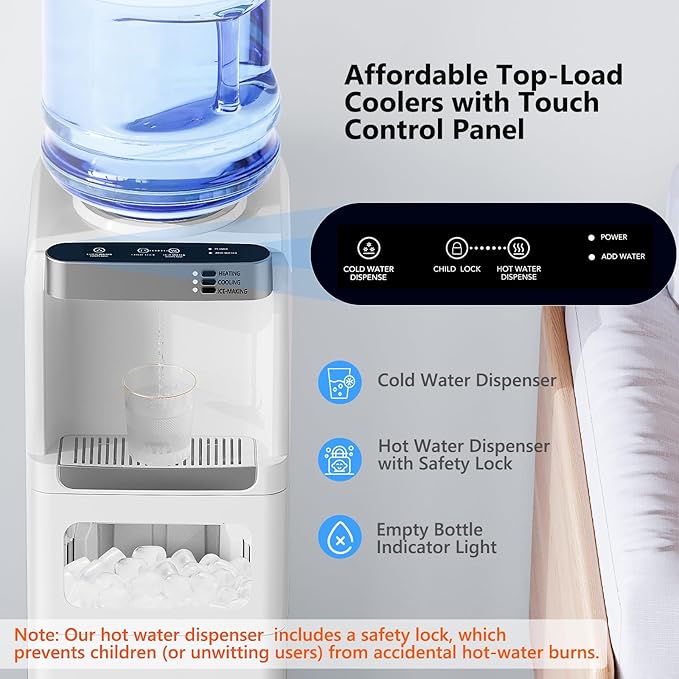 Water Dispenser with Ice Maker Function, Top Loading Hot and Cold Water Cooler for 5 Gallon Bottle - Includes Child Safety Lock - Water Machine for Home, Office, Garage - White-Ruum Studio Home