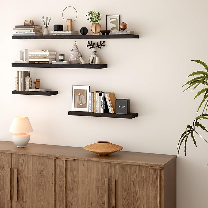 BGMG Wood Floating Shelves 48 inch, Wide Rustic Wooden Wall Shelves for Bathroom Living Room Bedroom Kitchen Farmhouse Set of 2-48x 6.7 x1.25 inch- Black-Ruum Studio Home