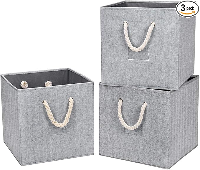 Robuy Cube Storage Bins,Grey Fabric Foldable Storage Bins,Set of 3 Stroage Boxes with Cotton Rope Handles for Organizer Home,Office, Nursery 13x13x13 inch-Ruum Studio Home