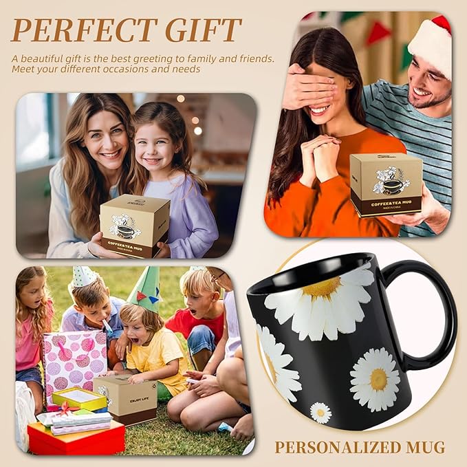 12Oz Daisy floral Black Ceramic Mug, Mug for Daily Coffee and Tea, Lead-free Microwave and Dishwasher Safe Coffee Mug, Perfect gifts for Women and men-Ruum Studio Home