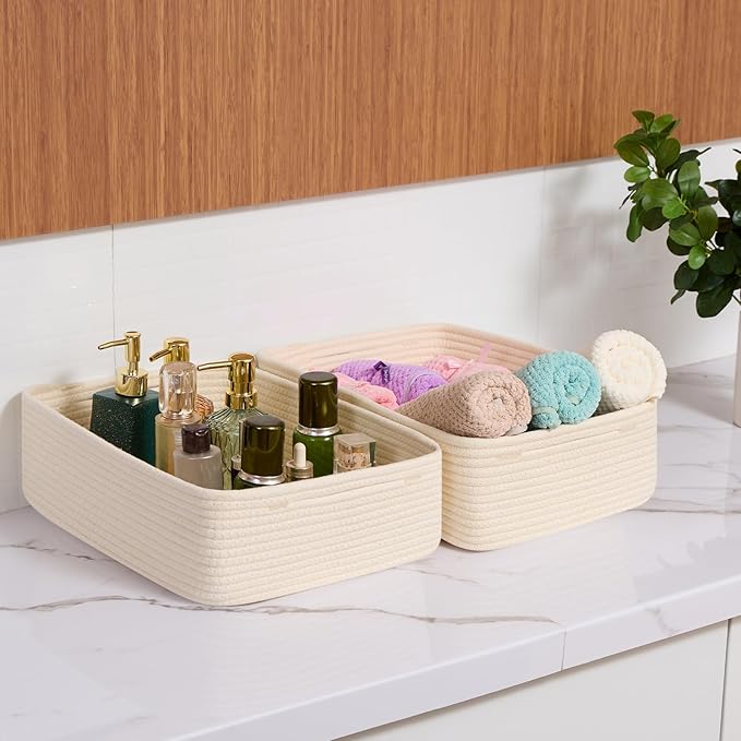 Large Shallow Organizing Baskets 15x11x5.1 Inches - Rope Woven Storage Bins for Bathroom, Shelves, Cube Closet, Beige 2 Packs-Ruum Studio Home