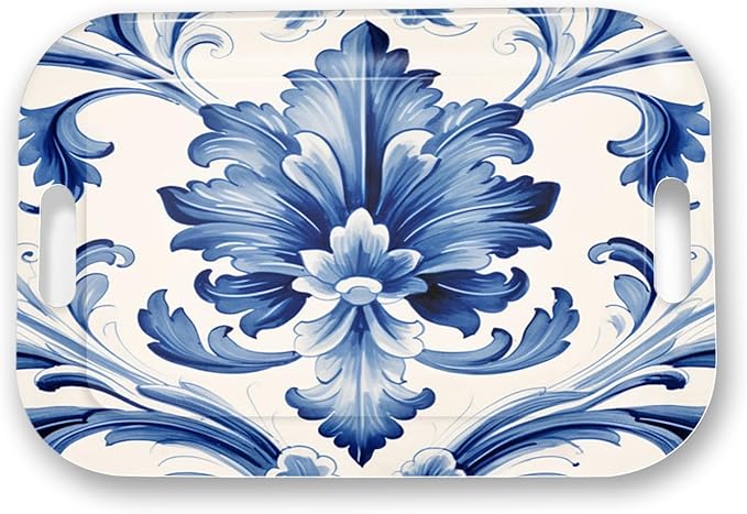 Serving Trays with Handles, 14.5 x 9.8 inch Rectangular Plastic Tray for Restaurant, Kitchen, Blue and White Pattern-Ruum Studio Home