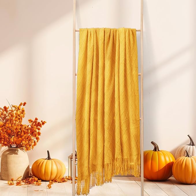 inhand Knitted Fall Throw Blanket for Couch and Bed, Knit Fall Decor Halloween Blanket with Tassel, Mustard Yellow Lightweight Decorative Farmhouse Warm Woven Blankets and Throws for Women, 50"x60"-Ruum Studio Home