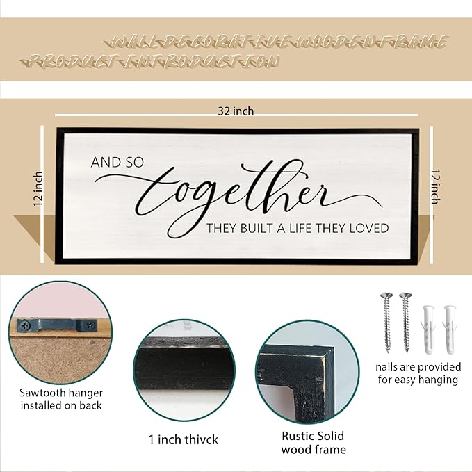 And So Together They Built A Life They Loved Framed Wood Farmhouse Sign - 32'X12' Master Bedroom Above Bed Wall Art for Love Sign Decor (Black)-Ruum Studio Home
