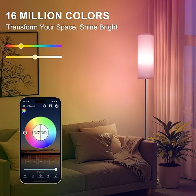 FRIDEKO HOME Pink Shade Floor Lamp with RGB Music Sync, 16 Million Colors & Stepless Dimming 2700K-6500K, 3CCT, 800LM LED Bulb with App & Remote, Modern Standing Light for Living Room, Bedroom, Office-Ruum Studio Home