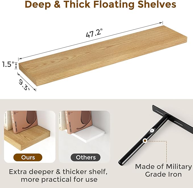 Floating Shelves 48 Inch Long, 48"W x 9"D Wall Shelf Invisible Bracket, 9 Inch Deep Floating Shelf for Wall, Rustic Wooden Shelves for Living Room, Kitchem, Bedroom, Oak Color, Set of 1-Ruum Studio Home