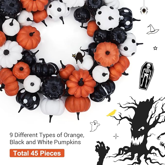 GarveeHome Halloween Pumpkin Wreath for Front Door, 18 Inch Fall Farmhouse Wreath with Orange, Black and White Pumpkins, Rattan Bottom Halloween Indoor Outdoor Home Party Decor-Ruum Studio Home