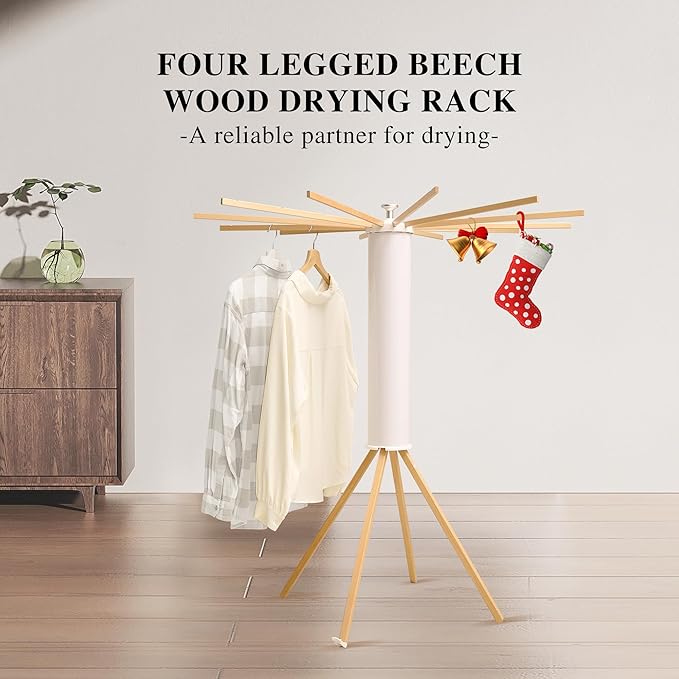 LEQ Drying Rack Portable,Foldable Drying Rack Clothing with 12 Wood Drying Arms, Standing Laundry Hanger Rack Round Collapsible & Portable Handle for Laundry Room, Balcony, Bedroom, RV-Ruum Studio Home