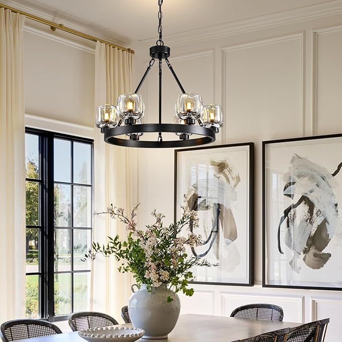 Black Wagon Wheel Chandelier, 24 Inch Black Chandeliers with Unique Glass Shade, 6-Light Crystal Farmhouse Wagon Wheel Chandeliers for Dining Room, Round Chandelier for Living Room, Foyer, Entryway-Ruum Studio Home