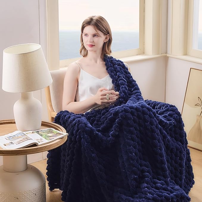 NEWCOSPLAY Super Soft King Blanket Dark Navy Premium Silky Flannel Fleece 3D Clouds Stylish Jacquard Lightweight Bed Blanket All Season Use 350GSM (Dark Navy, King(90"x110"))-Ruum Studio Home