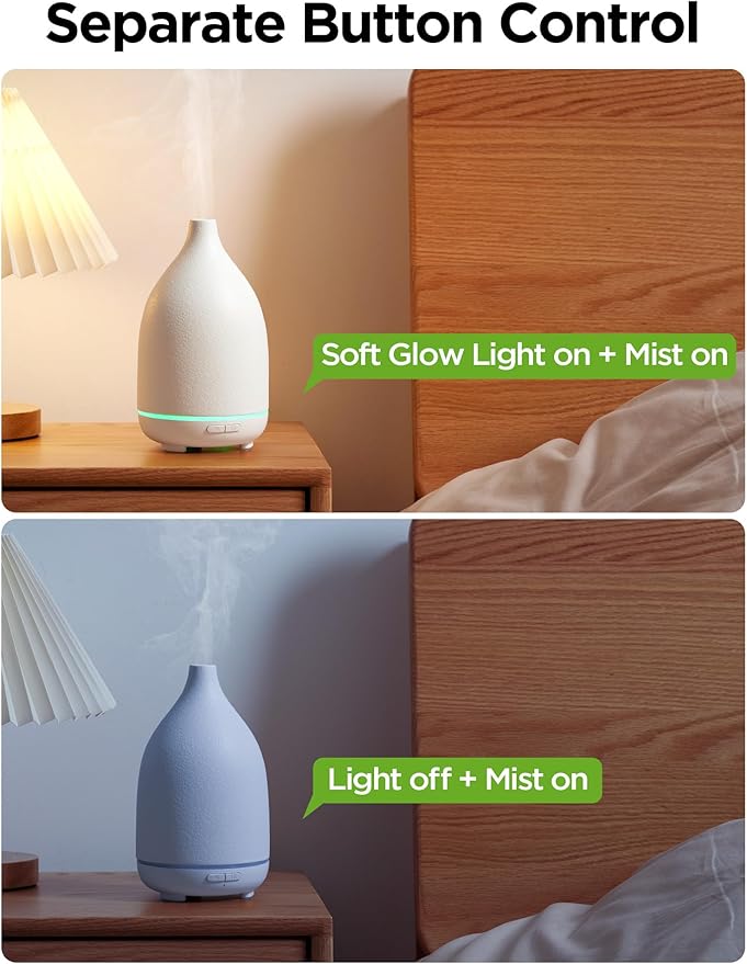 InnoGear Oil Diffuser, 150ML Ceramic Diffuser for Essential Oils Handcrafted Aromatherapy Diffuser Ultrasonic Cool Mist Humidifier with 2 Mist Modes Waterless Auto Off for Room Office, White Base-Ruum Studio Home