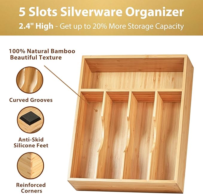 Umilife Bamboo Kitchen Drawer Organizer, 11 Inch Silverware Utensils Tray Holder with Grooved Dividers, 2.4" High Wood Caddy for Flatware Cutlery Knives-Ruum Studio Home