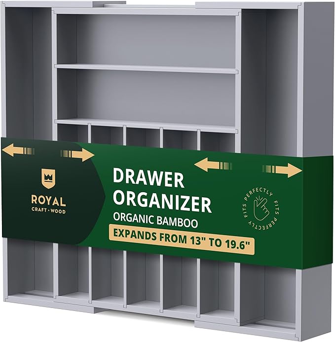 Luxury Bamboo Kitchen Drawer Organizer - Silverware Organizer - Utensil Holder and Cutlery Tray with Grooved Drawer Dividers for Flatware and Kitchen Utensils (9 Slot, Gray)-Ruum Studio Home