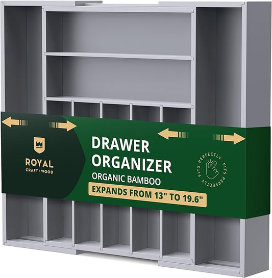 Luxury Bamboo Kitchen Drawer Organizer - Silverware Organizer - Utensil Holder and Cutlery Tray with Grooved Drawer Dividers for Flatware and Kitchen Utensils (9 Slot, Gray)-Ruum Studio Home