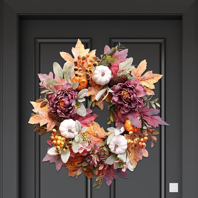 20Inch Fall Wreaths for Front Door,Fall Wreath,Fall Decorations for Home,Autumn Wreaths with White Pumpkins Peony Pine Cones, Fall Door Wreath for Thanksgiving Halloween Indoor Outdoor Decor-Ruum Studio Home