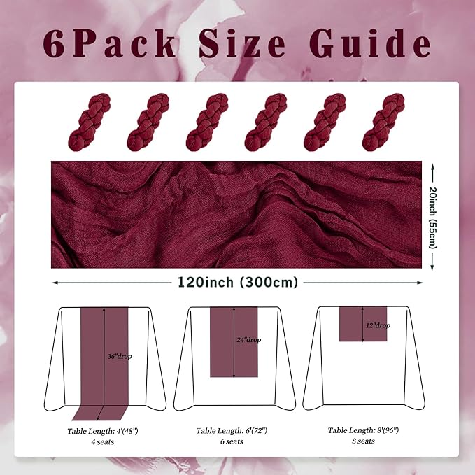 Burgundy 6 Pack Cheesecloth Table Runner 10FT Rustic Gauze Cheese Cloth Table Runner for Wedding Bridal Baby Shower Table Decor 20 x 120 Inch Long Boho Fabric Sheer Birthday Party Table Decorations-Ruum Studio Home