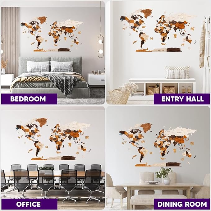 HYPERI Multilayered 3D Wooden World Map Wall Decor, Wood Art Wall Decor, Mapa Mundi Para Pared, World Maps and Push Pins, Valentine's Day Gifts For Dad, Mom, Boss, Husband, Wife (XX-Large)-Ruum Studio Home