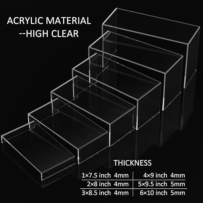 Acrylic Display Risers 6pcs, Clear Rectangular Display Organizer Stands, Acrylic Display for Funko Pop Figure, Desserts, Cupcake, Toys, Collectibles, Merchandises - 7.5''x8''x8.5''x9''x9.5''x10''-Ruum Studio Home