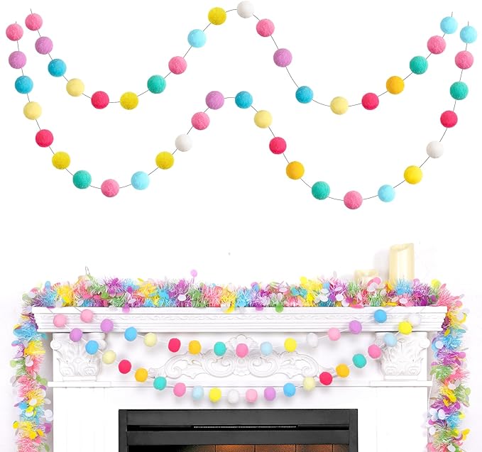 TBD Decor 2pk Pom Pom Garland Easter Decorations 13FT Colorful Large Felt Ball Spring Garland Easter Tree Decorations for Mantle,Indoor Holiday Wedding Birthday Party Supplies-Ruum Studio Home