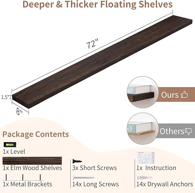 Axeman Floating Shelves for Wall, Rustic Elm Wood 72'' W x 8" D Wall Mantel Shelf with Invisible Bracket, Large Long Wall Mounted Storage Shelves for Living Room, Bedroom, Kitchen, Bathroom, Walnut-Ruum Studio Home