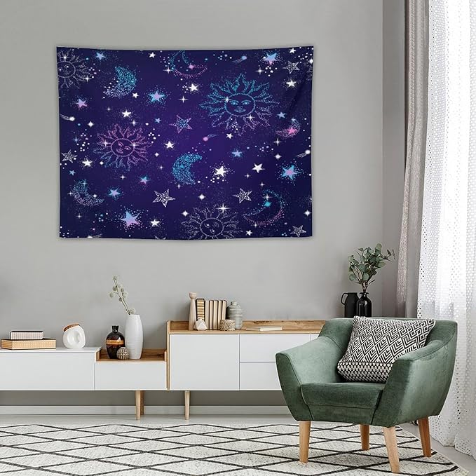 HZOHNAGO Boho Sun Moon Tapestry Purple Blue Sun Stars Galaxy Pattern Printed Wall Tapestry Wall Hanging for Bedroom Living Room Dorm 40" W x 30" H-Ruum Studio Home