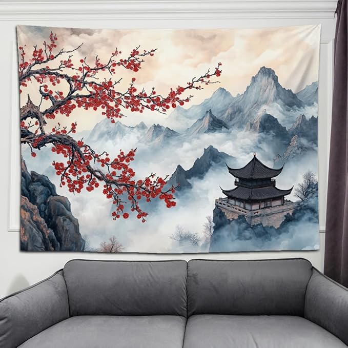 keowhsf Japanese Tapestry Aesthetic Wall Decor – Watercolor Ink Landscape with Red Plum Blossoms and Misty Mountains, Asian Art Hanging for Bedroom, Living Room, Dorm-Ruum Studio Home
