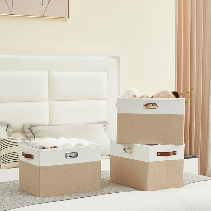 Large Collapsible Fabric Storage Bins with 3 Handles, Foldable Organizer Baskets for Closet, Shelves, Living Room | 3 Pack, Durable PU & Metal Handles (17"x11.8"x11.8", Beige & White)-Ruum Studio Home