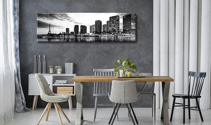 DJSYLIFE Paris Eiffel Tower Skyline Wall Art Black and White Modern City Night View Panoramic Cityscape Picture Paintings Canvas Prints Office Room Home Decoration Artwork Framed 13.8"X47.3"-Ruum Studio Home