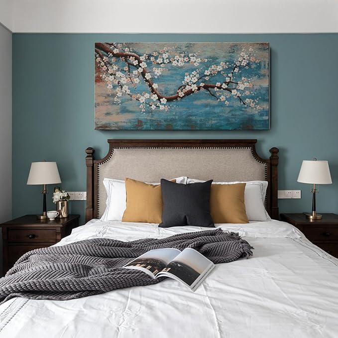 Large Canvas Wall Art for Living Room- 100% Hand-Painted Oil Painting with Texture, Extra Large Gallery Wrapped Floral Plum Blossom Tree Artwork Blue Teal Lake Wall Picture for Bedroom, Office Decor-Ruum Studio Home