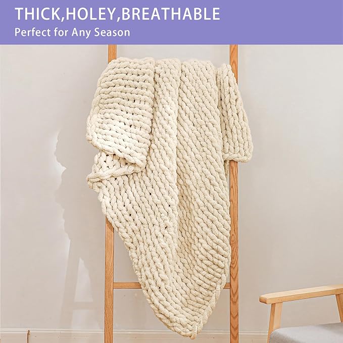 Bigacogo Chunky Knit Throw Blanket for Couch, 40x40 inches, 100% Hand Knitted with Thick Jumbo Chenille Yarn, Cozy Soft Large Rope Knot Cable Crochet Blankets for Sofa Bed Living Room, Beige-Ruum Studio Home