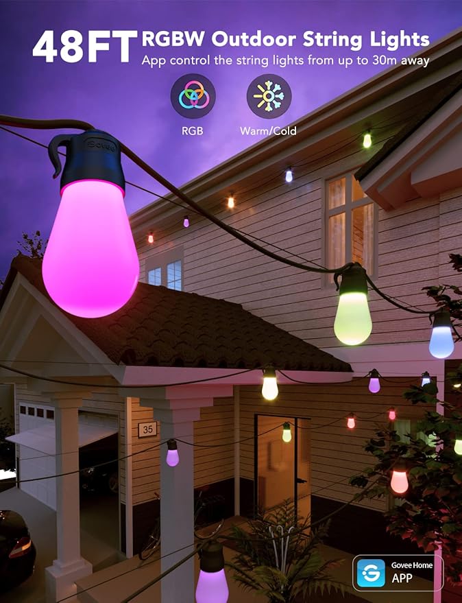 Govee Smart Outdoor String Lights H7015, 48ft RGBIC Outdoor Lights with 15 Dimmable LED Bulbs, IP65 Waterproof, Color Changing Warm White Lights with 47 Scene Modes for Patio, Backyard, App Control-Ruum Studio Home