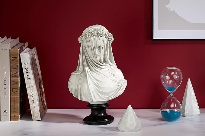 Design Toscano Veiled Maiden Indoor Bust Statue, 9 Inch Wide, 14 Inch Tall, Cast Stone Resin, Antiqued White Finish with a Black Painted Base-Ruum Studio Home