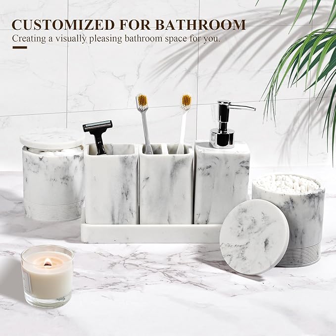 Bathroom Accessories Set, 6 Piece Bathroom Set with Toothbrush Holders, Soap Dispenser, Vanity Tray, Tumbler, Cotton Swab Jars, Bathroom Organizer，Bathroom Sink Sets, Artificial Marble White-Ruum Studio Home