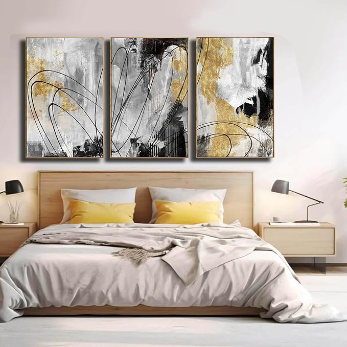 YJYart Gold Wall Art Abstract Wall Art Living Room Decor Black and White Canvas Picture Home Decor Wooden Frame Line Paintings Modern Artwork Office Decor 24"x 36"x 3 Pieces-Ruum Studio Home