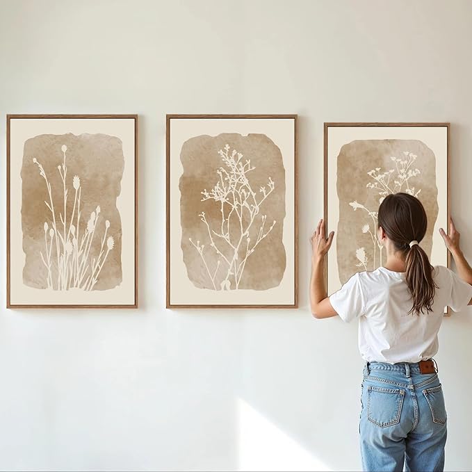 SIGNINART Boho Botanical Framed Canvas Wall Art Set, Neutral Wildflower Wall Decor, Vintage Floral Wall Painting, Art Print for Farmhouse Living Room, Bedroom, Office, Bathroom 16"x24"x3-Ruum Studio Home
