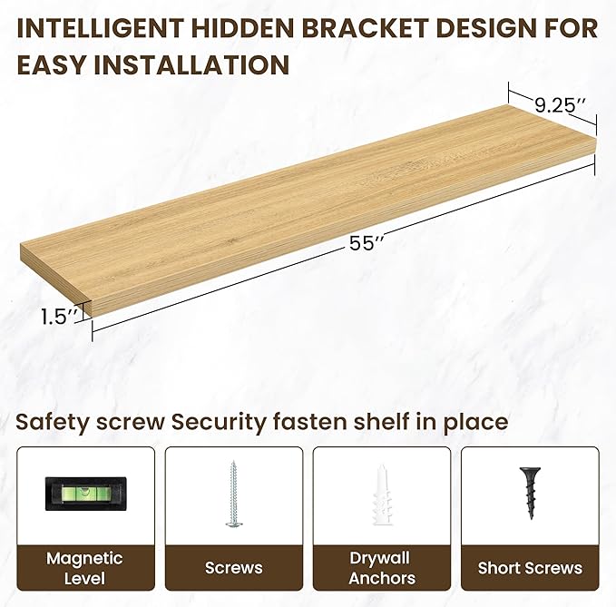 55 Inch Floating Shelves, 12 Inch Deep Floating Shelves for Wall, Floating Shelf with Invisible Brackets, Deep Shelves for Bathroom, Bedroom, Living Room, 1 Pack, Natural-Ruum Studio Home