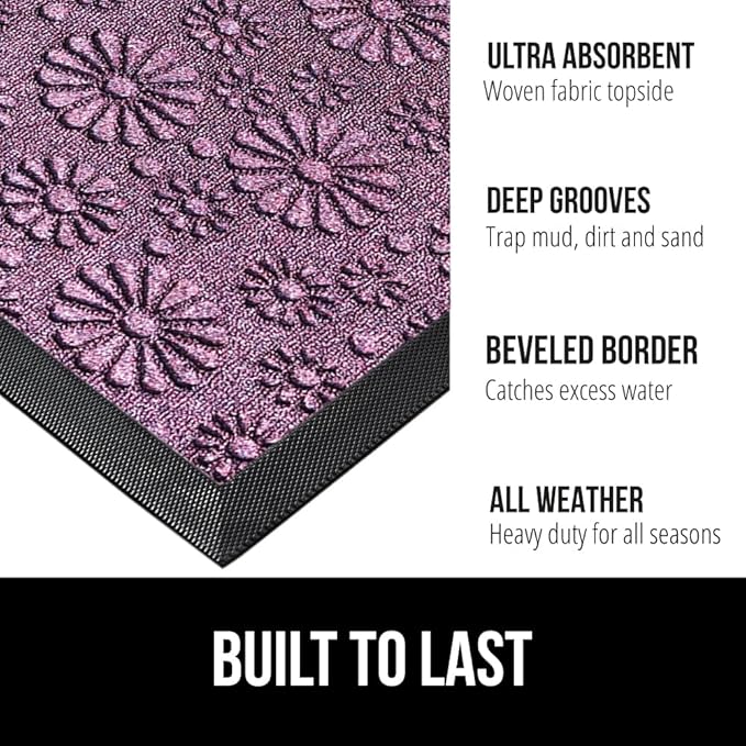 GORILLA GRIP 100% Waterproof All-Season WeatherMax Doormat, 23x35, Durable Natural Rubber, Stain and Fade Resistant, Low Profile, Indoor Outdoor Doormats, Easy Clean Entry Mat, Purple Confetti Daisy-Ruum Studio Home